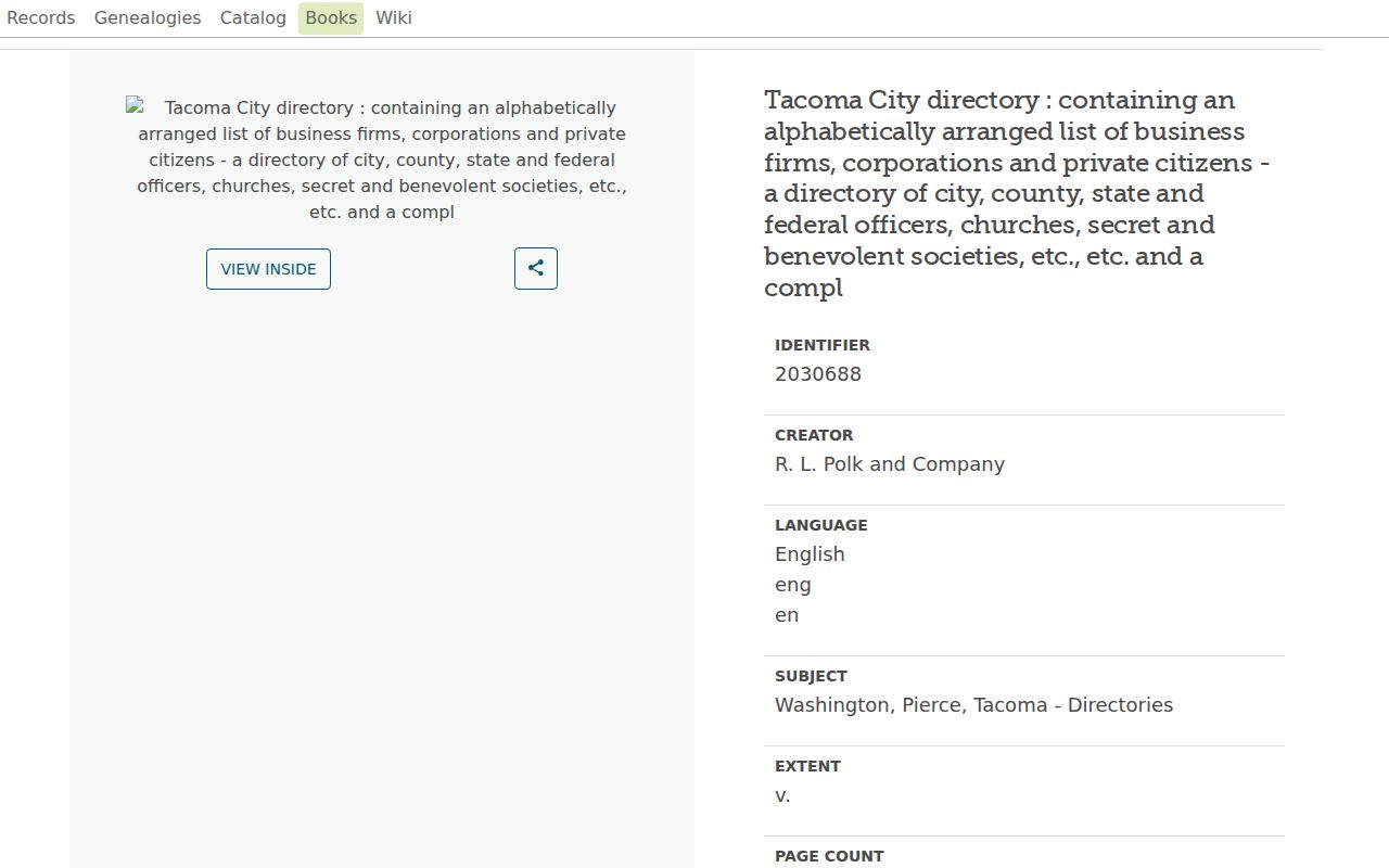 Lakewood city directory catalog record in FamilySearch